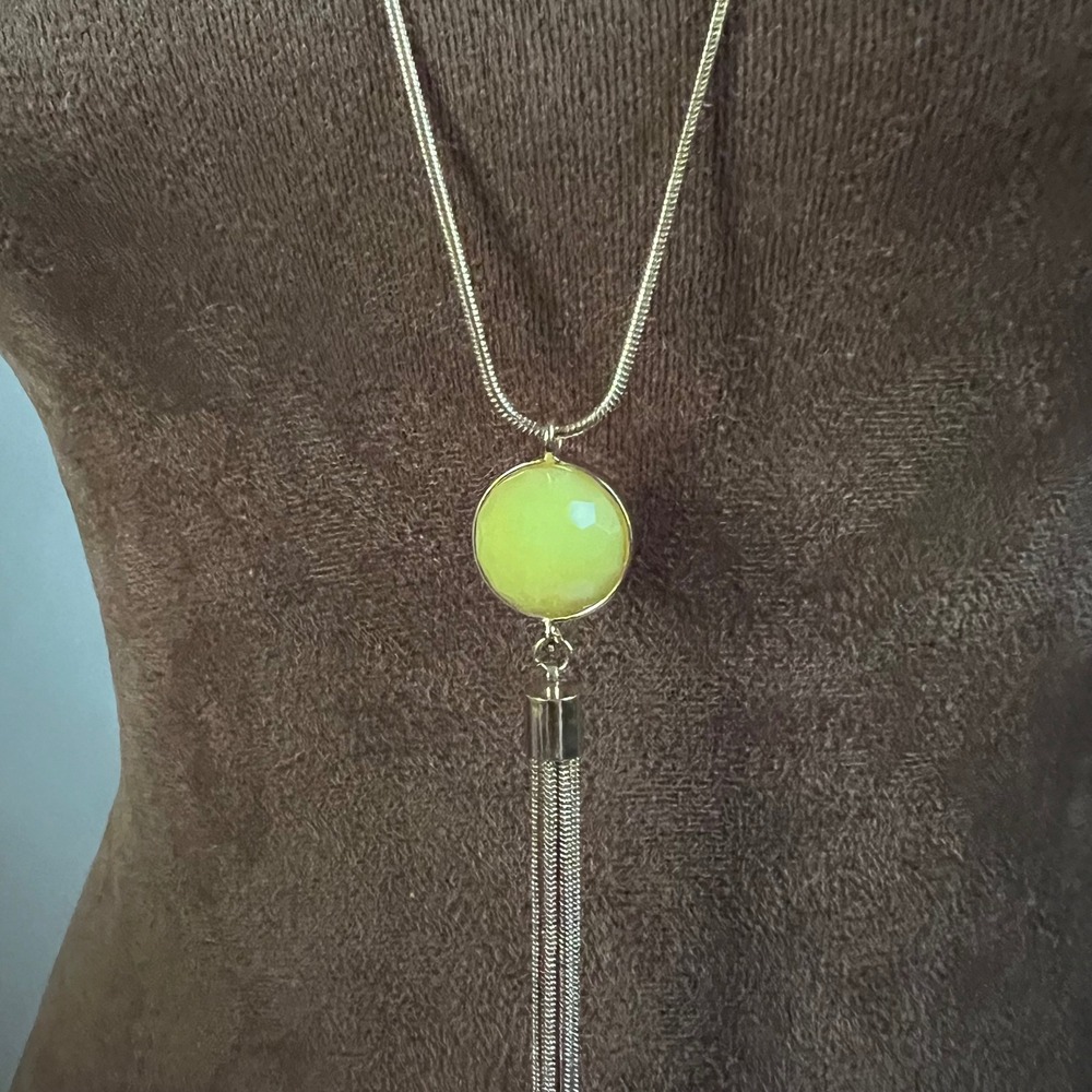 Vintage Neon Orange Yellow Reversible Tassel Pendant Snake Chain Necklace 30-33"